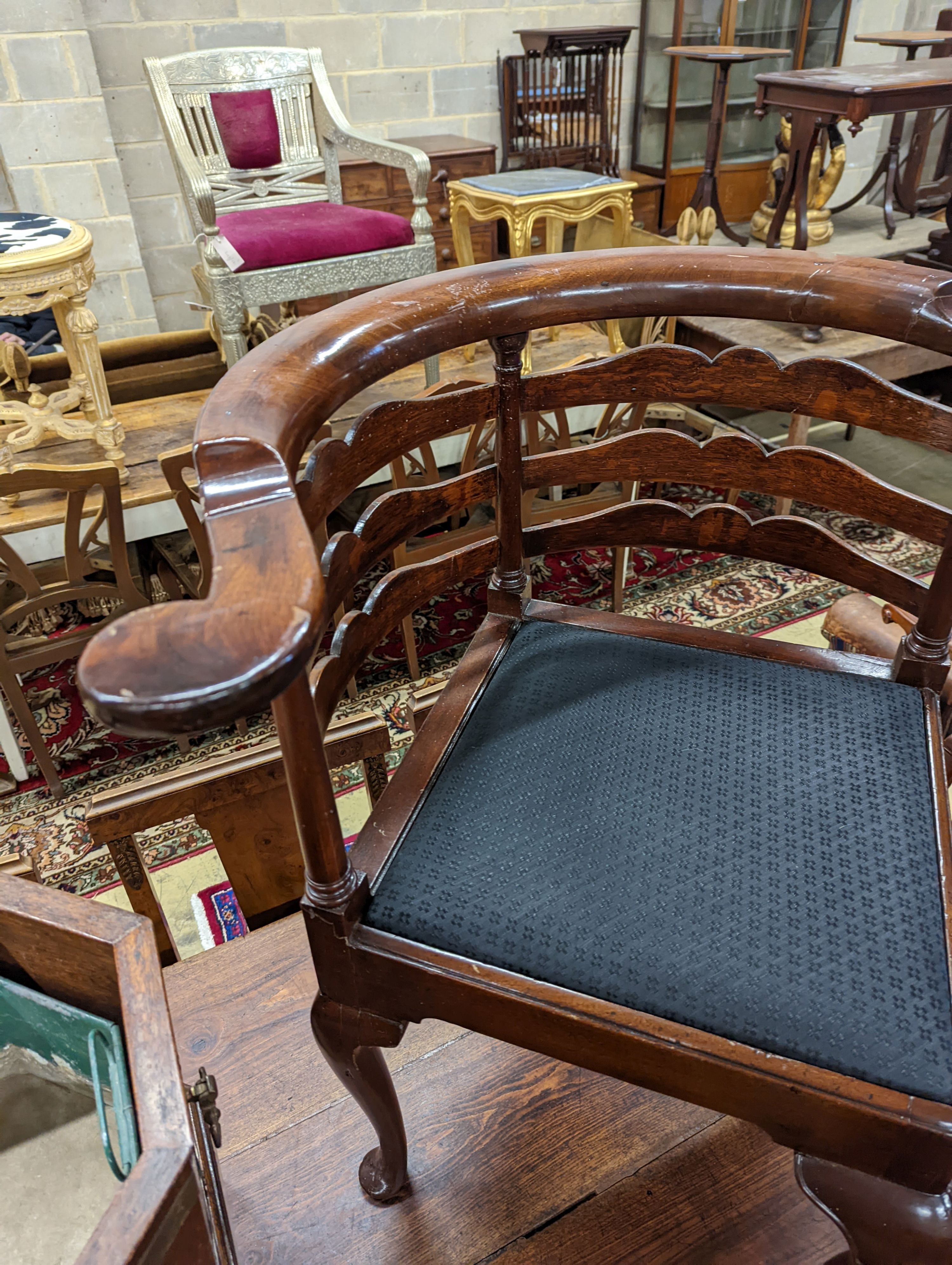A Georgian style mahogany pad foot corner chair. H-80cm.